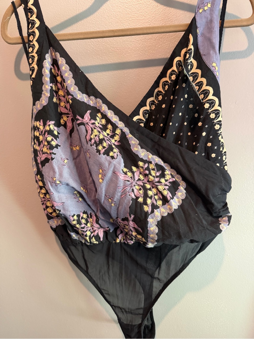 Free People Black Bodysuit with Lavender and Yellow Floral Panels